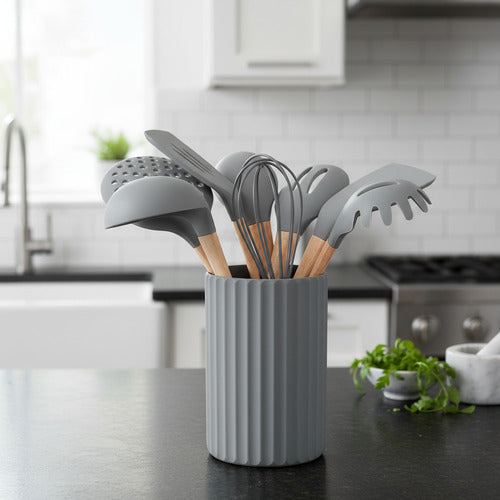 Set Kit 8 Utensillos Cocina Mango Bambu Punta Silicona Carol