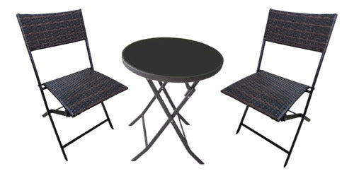 Combo 2 Sillas Rattan Plegables 1 Mesa 60cm Vidrio Caño Ct Marrón Ratán