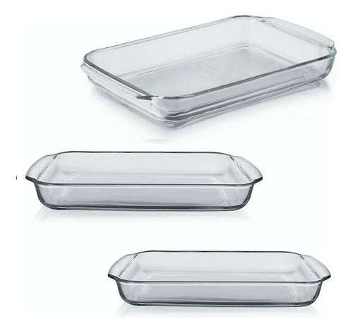 Juego 3 Asaderas Bandejas Rectangular De Vidrio Templado Cts Transparente