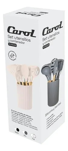 Set De Utensillos Silicona Mango Madera Cocina Carol