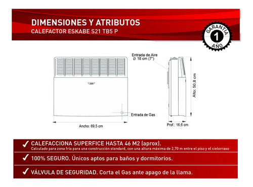 Calefactor A Gas Eskabe S21 Tb5 P Tiro Balanceado 5000 Encendido Piezoelectrico Marfil