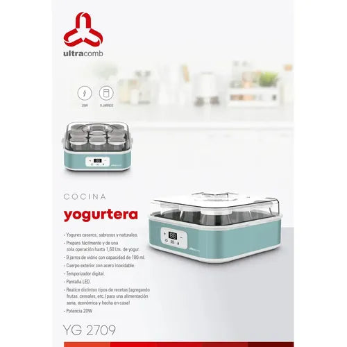 Yogurtera Digital Ultracomb Yg-2709 9 Jarros Vidrio Con Receta Capacidad De 1,6 Litros Celeste