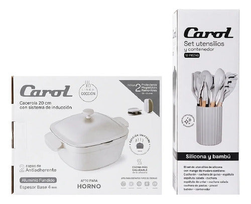 Set Carol Cacerola Antiadherente 20cm Y 12 Utensillos Tiza Blanco