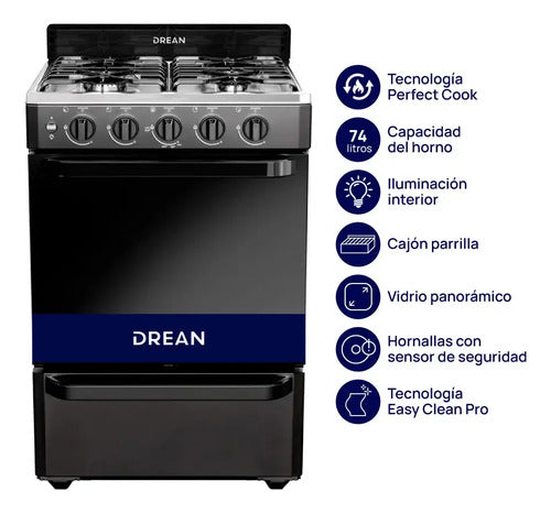 Cocina Drean 56cm Negra Horno 74l Luz Encendido Parrilla Multigas Cd5603an0 Negro