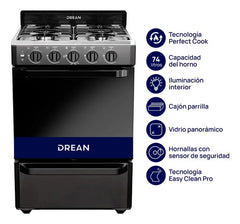 Cocina Drean 56cm Negra Horno 74l Luz Encendido Parrilla Multigas Cd5603an0 Negro
