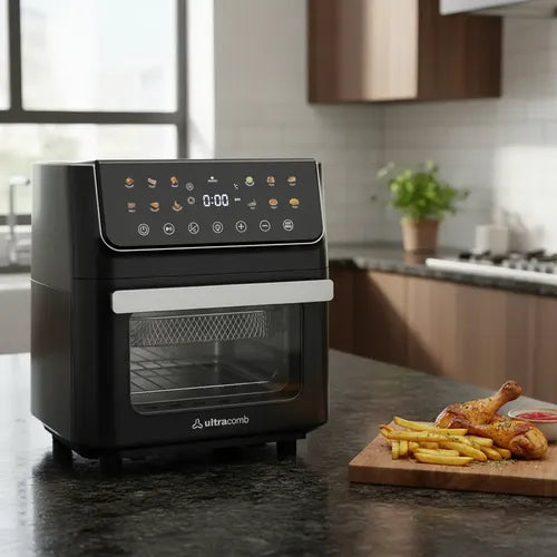 Freidora De Aire Digital 14 Lts Ultracomb Fr-8622 1800w Negra Con Espiedo 12 Programas Táctil Negro