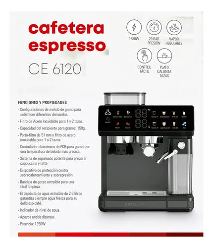 Cafetera Eléctrica Ultracomb Ce-6120 Espresso Con Molinillo 20 Bares