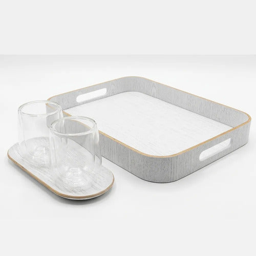 Set Carol De 2 Vasos De Vidrio Doble Pared + 2 Bandejas Blanco