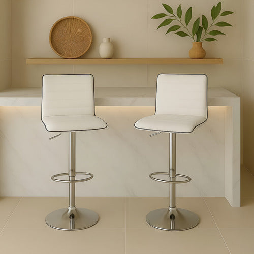 2 Banquetas Altas Taburete Tapizado Respaldo Blanca Vivendi Cromada