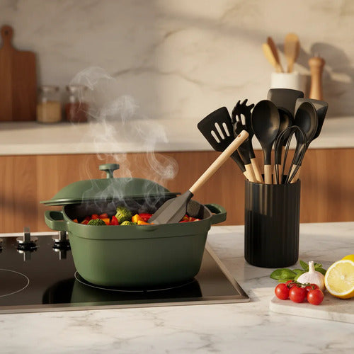 Set Carol Cacerola Antiadherente 20cm Y 12 Utensillos Negro Verde Musgo