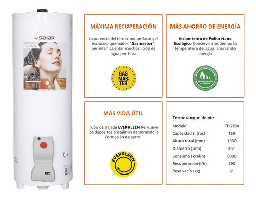 Termotanque A Gas Saiar 150l Multigas Con Protección Anticorrosiva Y Válvula De Seguridad