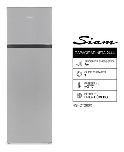Heladera Top Mount Cíclica Siam Hsi-ct260x 244lts Inox Gris