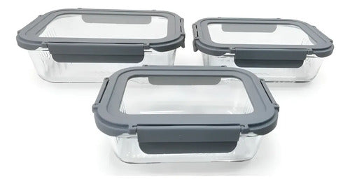 Set De 3 Tapers Contenedor De Vidrio Tapa Hermetica Carol Gris