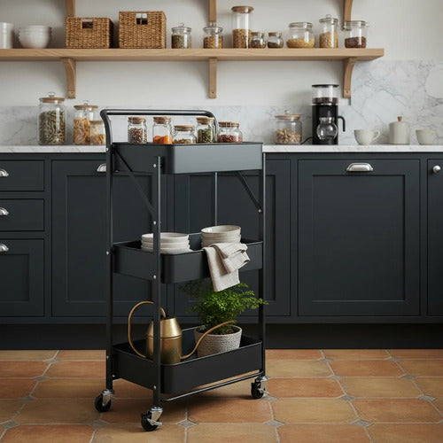 Carro Organizador Metal Negro Plegable 3 Estantes C/ruedas C Negro