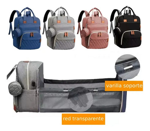 Mochila Multifunción Maternal Cambiador Cuna Para Bebe Gris Azul Liso