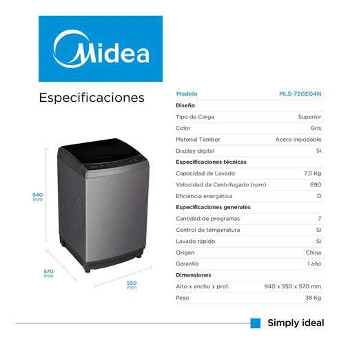 Lavarropas De Carga Superior Midea Mls-75ge04n Color Gris