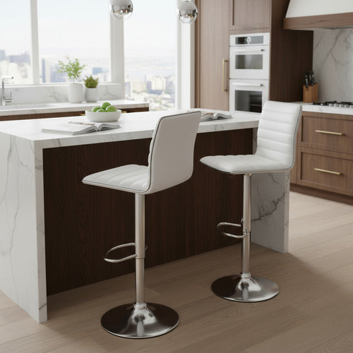 2 Banquetas Altas Taburete Tapizado Respaldo Blancas Vivendi Cromado Blanco