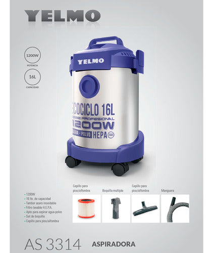 Aspiradora De Tacho Yelmo Ecociclo 16l As-3314 Plateada E Índigo 50hz Plateado/índigo