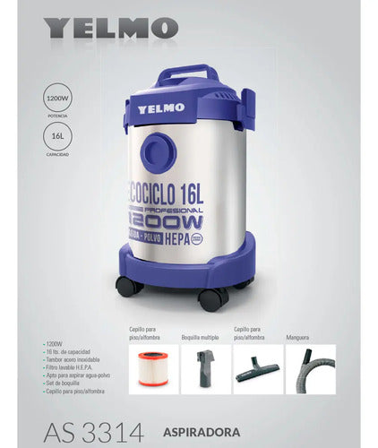Aspiradora De Tacho Yelmo Ecociclo 16l As-3314 Plateada E Índigo 50hz Plateado/índigo