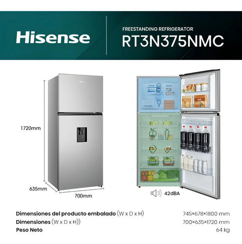 Heladera Inverter Hisense Con Freezer No Frost 379l Con Dispenser De Agua Gris