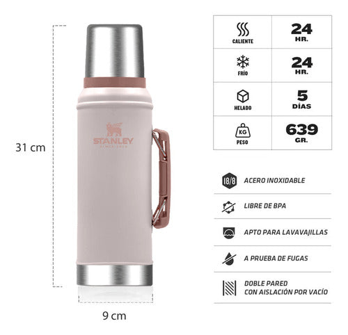 Termo Stanley Clasico Rosa Manija Tapon Cebado 950ml Rosa Claro