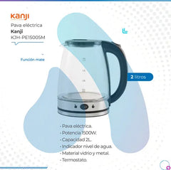 Pava Eléctrica Kanji De Vidrio Con Corte Automático Y Función Mate De 2 Litros Gris Negro
