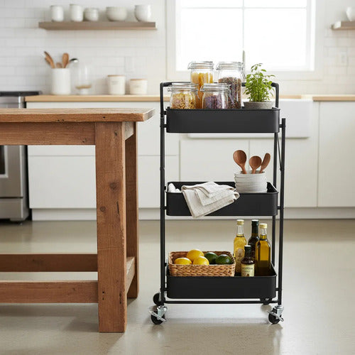 Carro Organizador Metal Negro Plegable 3 Estantes C/ruedas C Negro