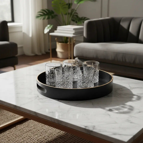 Juego De Vajilla 6 Vasos 350ml Vidrio Labrado Bandeja Carol Negro Lisa