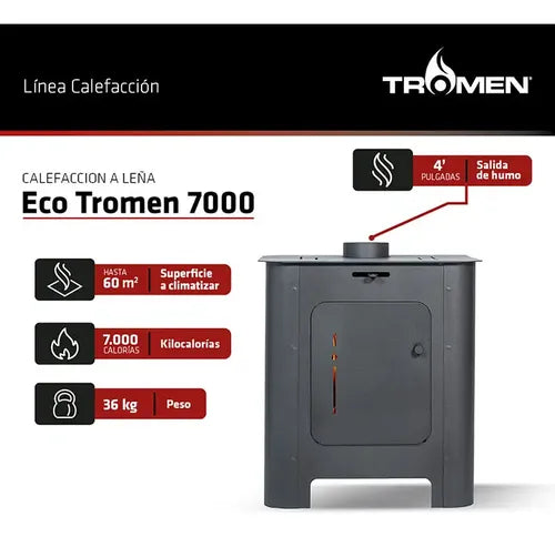Estufa Tromen A Leña 7000 Kcal/h Hasta 60m2 Doble Combustión