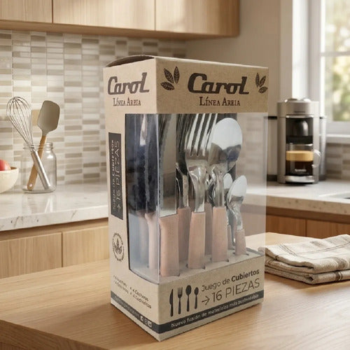 Set De 16 Piezas Juego De Cubiertos Inox Carol Linea Areia Damasco Areia
