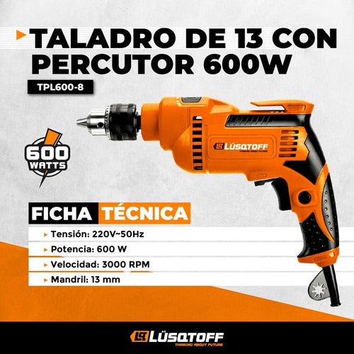 Taladro Percutor Tpl600-8 600w 13mm Variable Cable Lusqtoff Color Naranja