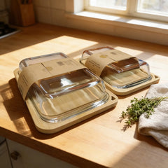 Set De 2 Fuentes Carol Vidrio Templado + Tabla De Bambu Marrón Claro
