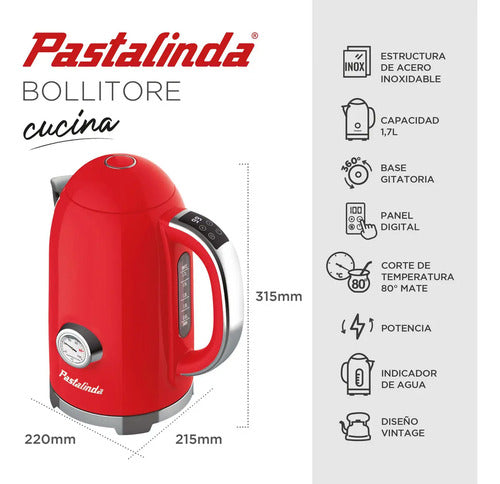 Pava Eléctrica Pastalinda Cucina Bollitore Roja Rojo
