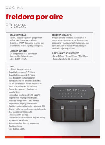Freidora De Aire Ultracomb Fr-8626 11,2 Litros Con Control De Temperatura Y Superficie Antiadherente Negro