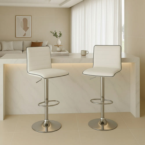 2 Banquetas Altas Taburete Tapizado Respaldo Blancas Vivendi Cromado Blanco
