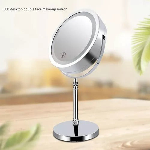 Espejo Redondo Gris Aluminio Pie Led 10x Tm Recargable Usb Maquillaje