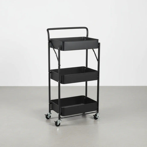 Carro Organizador Metal Negro Plegable 3 Estantes C/ruedas C Negro