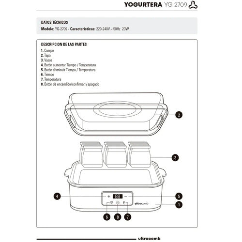 Yogurtera Digital Ultracomb Yg-2709 9 Jarros Vidrio Con Receta Capacidad De 1,6 Litros Celeste