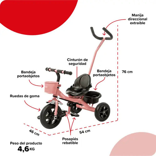 Triciclo Con Manija & Canasto Bebesit Sl1701d Rosa H:30kg C Rosa