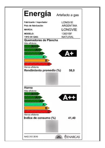 Cocina A Gas Longvie 13601bf Blanca De 60cm Eficiencia A Blanco