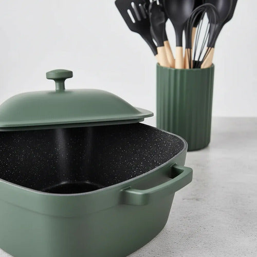 Set Carol Cacerola Antiadherente 20cm Y 12 Utensillos Negro Verde Musgo