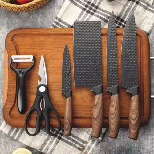 Juego De Cuchillos Tijera Rallador Tm 6 Piezas Taco Madera Negro