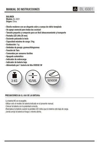 Balanza De Cocina Ultracomb Bl-6001 3kg Digital Led 3 Kg Rojo