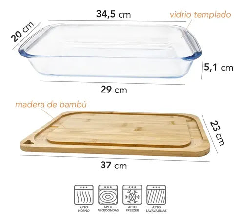 Fuente Asadera Vidrio Templado Tabla Bambú 34cm Carol Marrón Claro