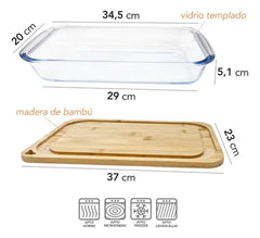 Fuente Asadera Vidrio Templado Tabla Bambú 34cm Carol Marrón Claro