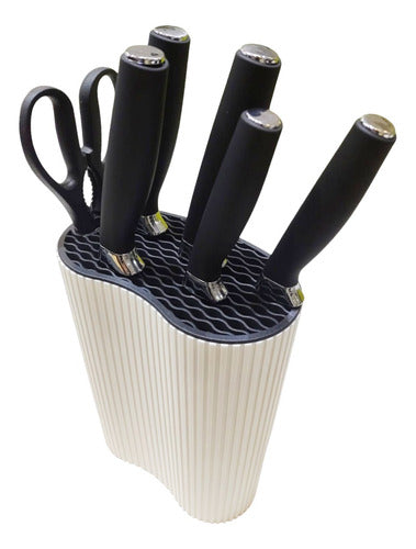 Set Juego 5 Cuchillos Tijera Soporte Blanco Cocina Chef Cts Blanco