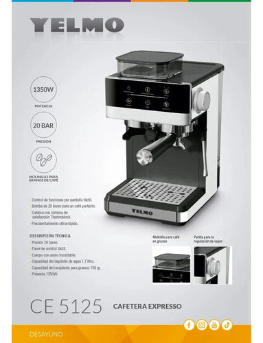 Cafetera Eléctrica Digital Semiautomática Yelmo Ce5125 20 Bares Negro Café En Granos Y Café Molido 20 Bares