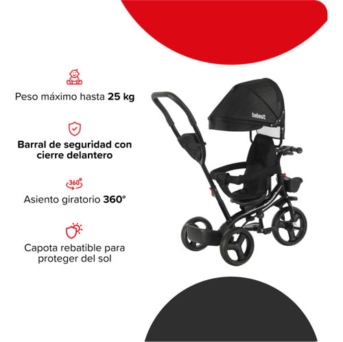 Triciclo C/ Manija Barra De Empuje Bebesit Sl1870-v1o-2 360° Negro
