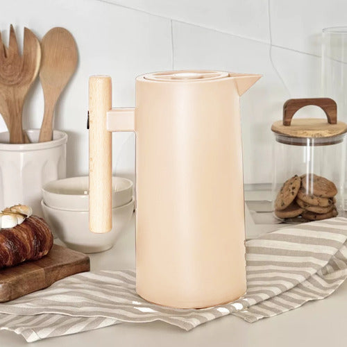 Jarra Termo Con Manija De Madera Pico Vertedor de 1l Beige