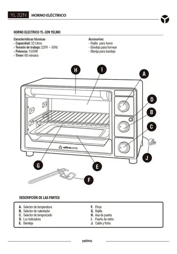 Horno Eléctrico Yelmo Yl-32n De 32lts Temporizador 1500w Grill Color Negro